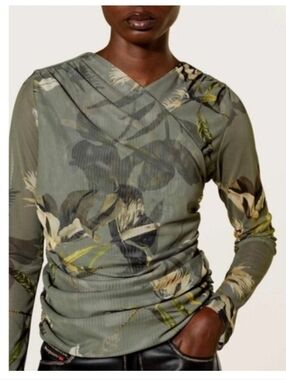 All Saints Olive Floral Ruched Wrap Blouse NWOT